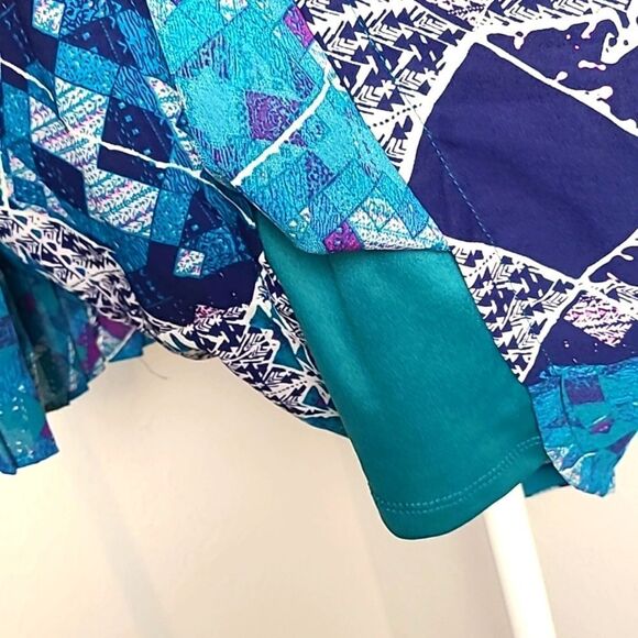 love FIRE Teal, Navy Blue & White Boho Dress, Wide Pleated Longsleeves, Sz Small - Picture 5 of 11